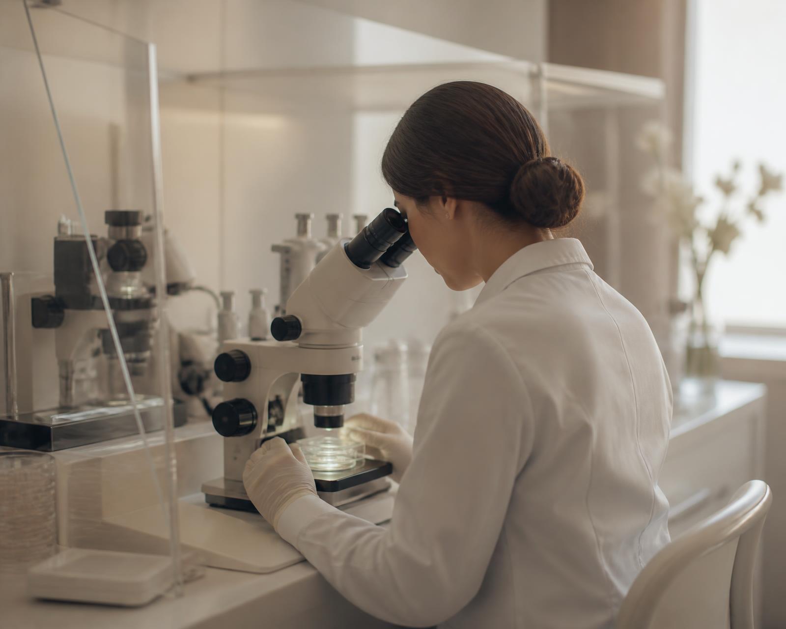 Embryologist evaluating an embryo culture dish under a microscope in an IVF laboratory