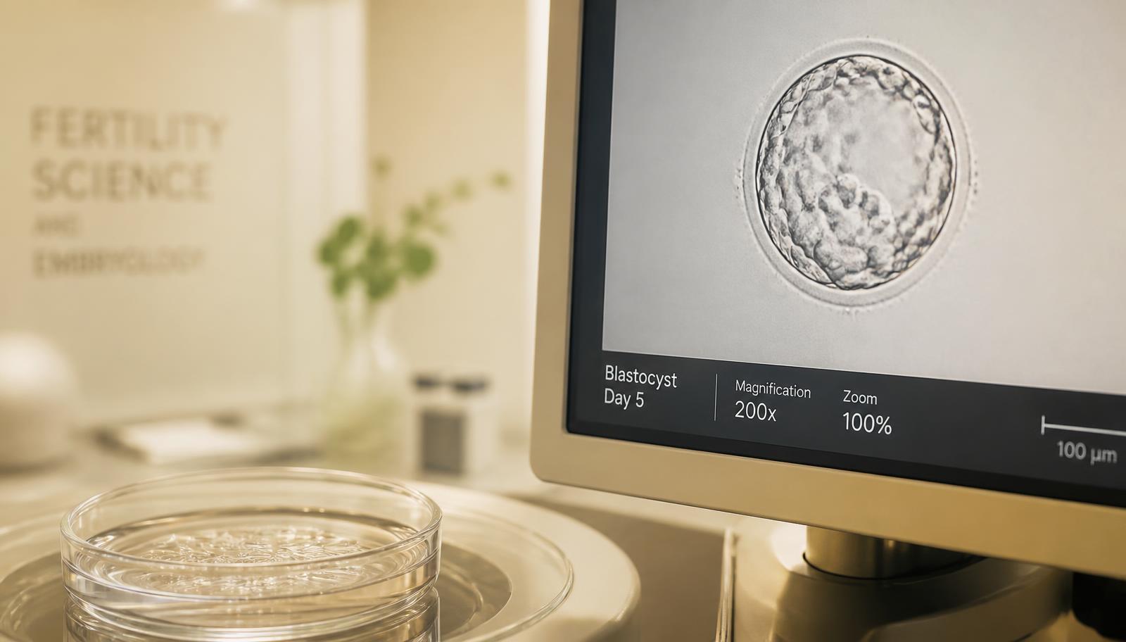 Day 5 blastocyst embryo shown on an embryology microscope monitor beside a culture dish
